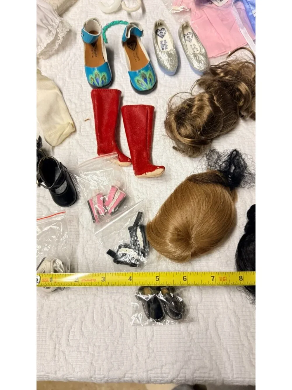 Vintage Doll Bear Clothing Accessories Wig Shoe Lot Various Sizes See Pics